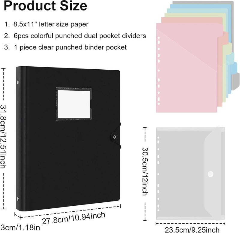 Uquelic 3-Ring Binder 1-Inch with Dividers, 6 Pocket Folders (12 Pockets) & Clear Pouch, Elastic Closure Refillable PP Folder for Letter Size Documents, School, Office - Macaron Inner Pages - Image 5